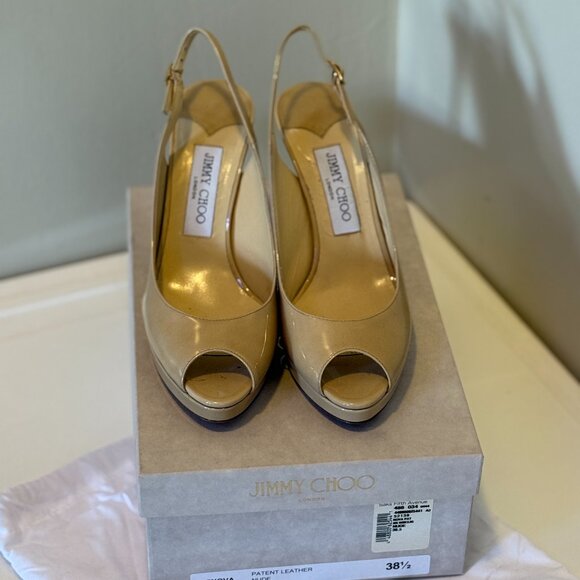 Jimmy Choo 247Nova Beige Patent Leather - Peep Toe - Size 8.5 - Picture 2 of 4